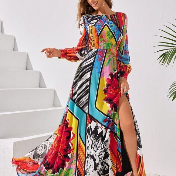Dresses & Skirts - Multicolor Boho Women's Colorful Random Printed Round Neck Long Sleeve